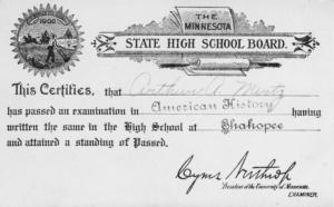 Arthur Mertz Minnesota State High School Board American History high school examination certificate, 1908  