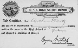 Arthur Mertz Minnesota State High School Board Latin Grammar high school examination certificate, 1908  
