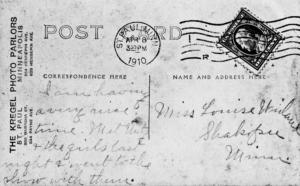 Postcard addressed to Miss Louise Weiland of Shakopee  