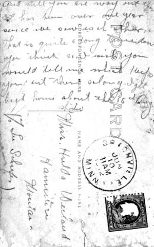 Postcard addressed to Miss Hulda Weiland of Hamilton, MO  