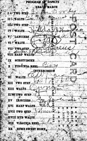 Program of Dances typewritten onto postcard  
