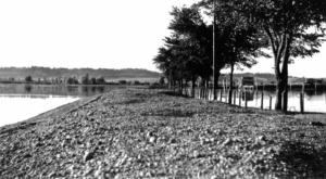 Scoreboard at flooded Riverside Park     