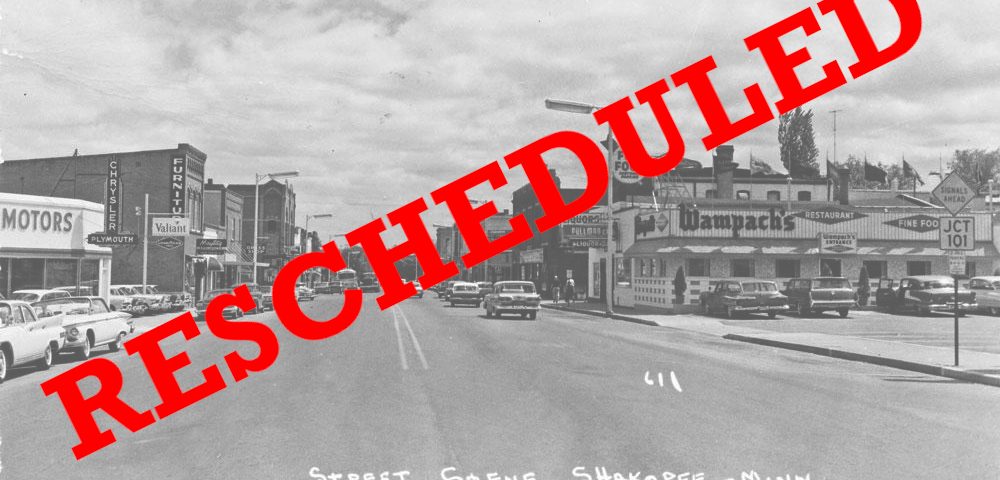 Looking west on First Avenue, ca. 1961; overlaid with RESCHEDULED